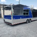 8.5' x 30' Black and Cobalt Blue BBQ Porch Style Concession Trailer