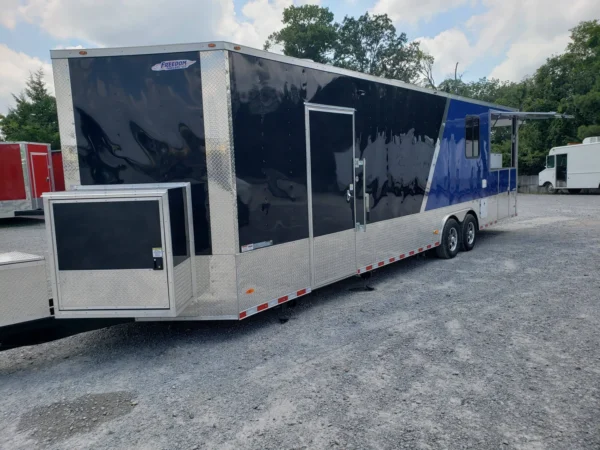 8.5' x 30' Black and Cobalt Blue BBQ Porch Style Concession Trailer - Image 4