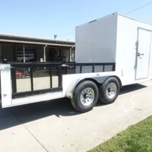 7x18 White Hybrid Enclosed V Nose (2) 7K Axles 2 Ft Fold Down Mesh Sides Pintle Hitch