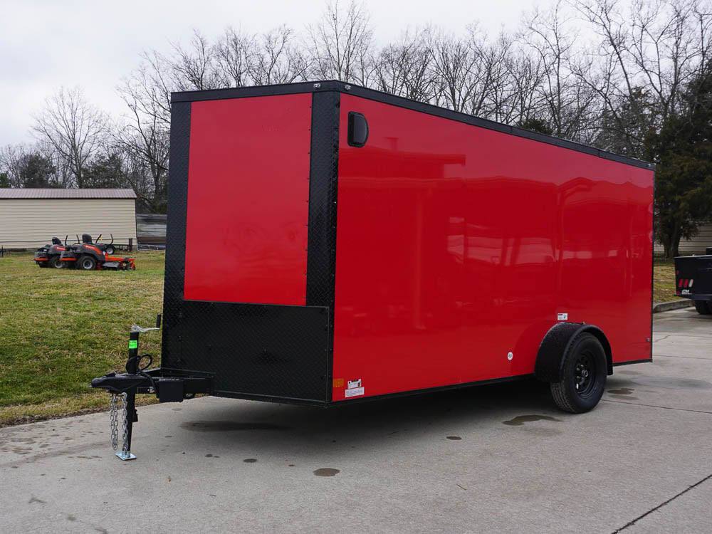 7x12 Enclosed Trailer Red V-Nose Blackout Package 3,500lb Axle Storage