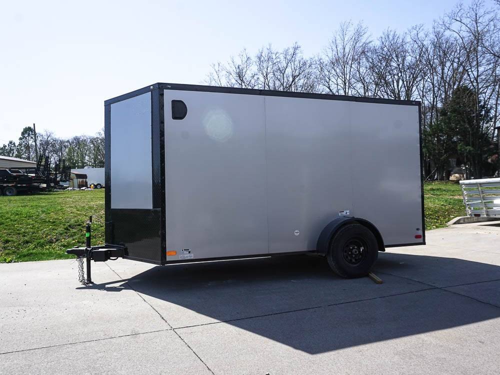 7x12 Enclosed Trailer Silver V-Nose Blackout Package 3,500lb Axle Storage