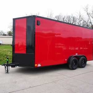 7x16 Enclosed Trailer Red V-Nose Blackout Pkg Tandem Axle Storage