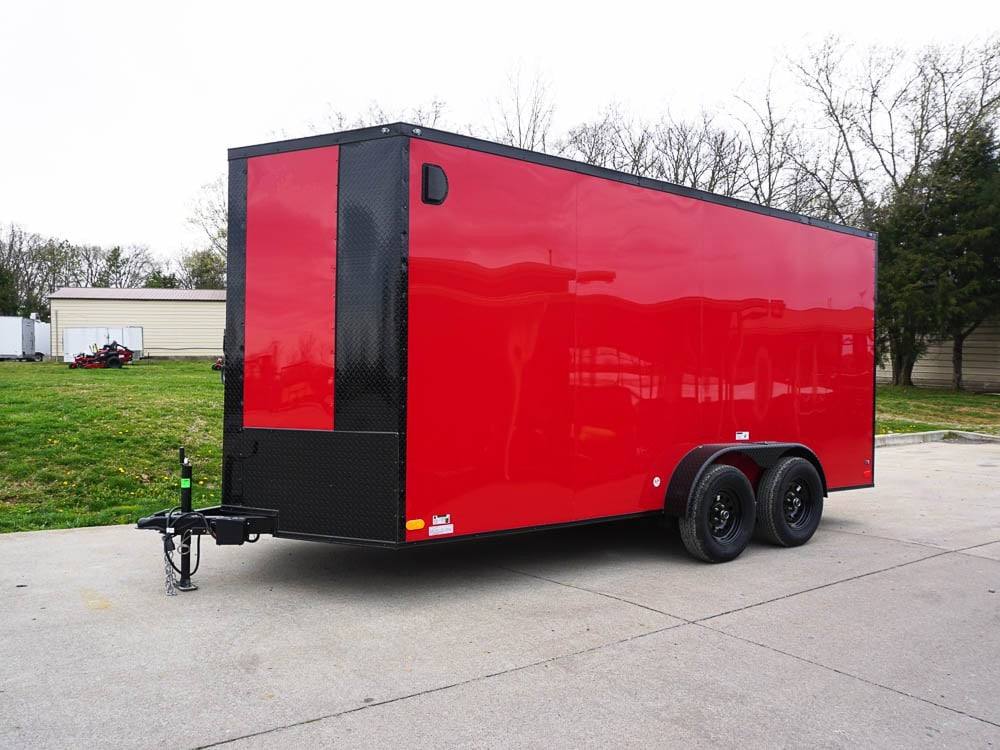 7x16 Enclosed Trailer Red V-Nose Blackout Pkg Tandem Axle Storage