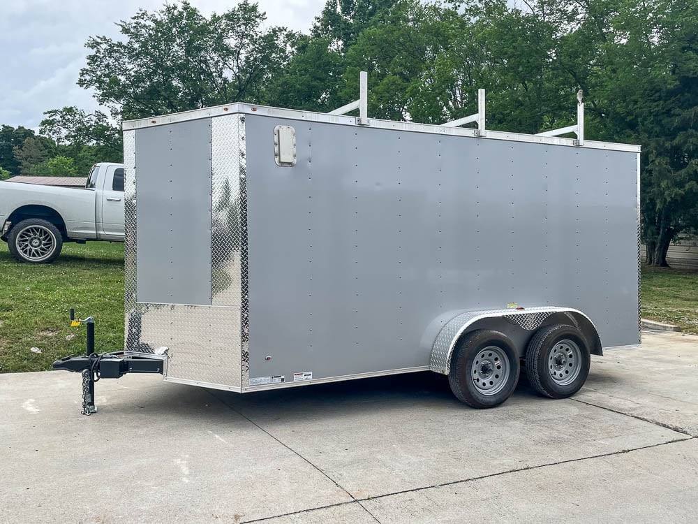 7x14 Enclosed V-Nose Trailer Silver with Ladder Racks (2) 3,500lb Axles Storage - Image 2